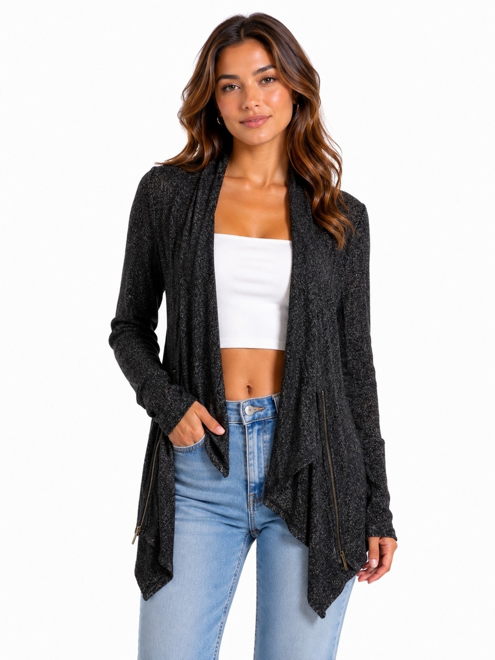 Love Scarlet Women's Draped Open Front Cardigan Sweater - Black Size S